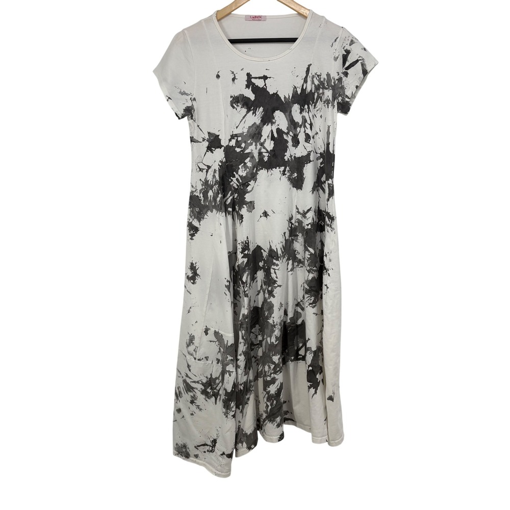 LiaBella Italy Womens Abstract Splatter Asymmetric Midi Dress M White Black